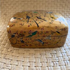 Handcrafted Gold With Hand Painted Birds Box Vintage laquered India
